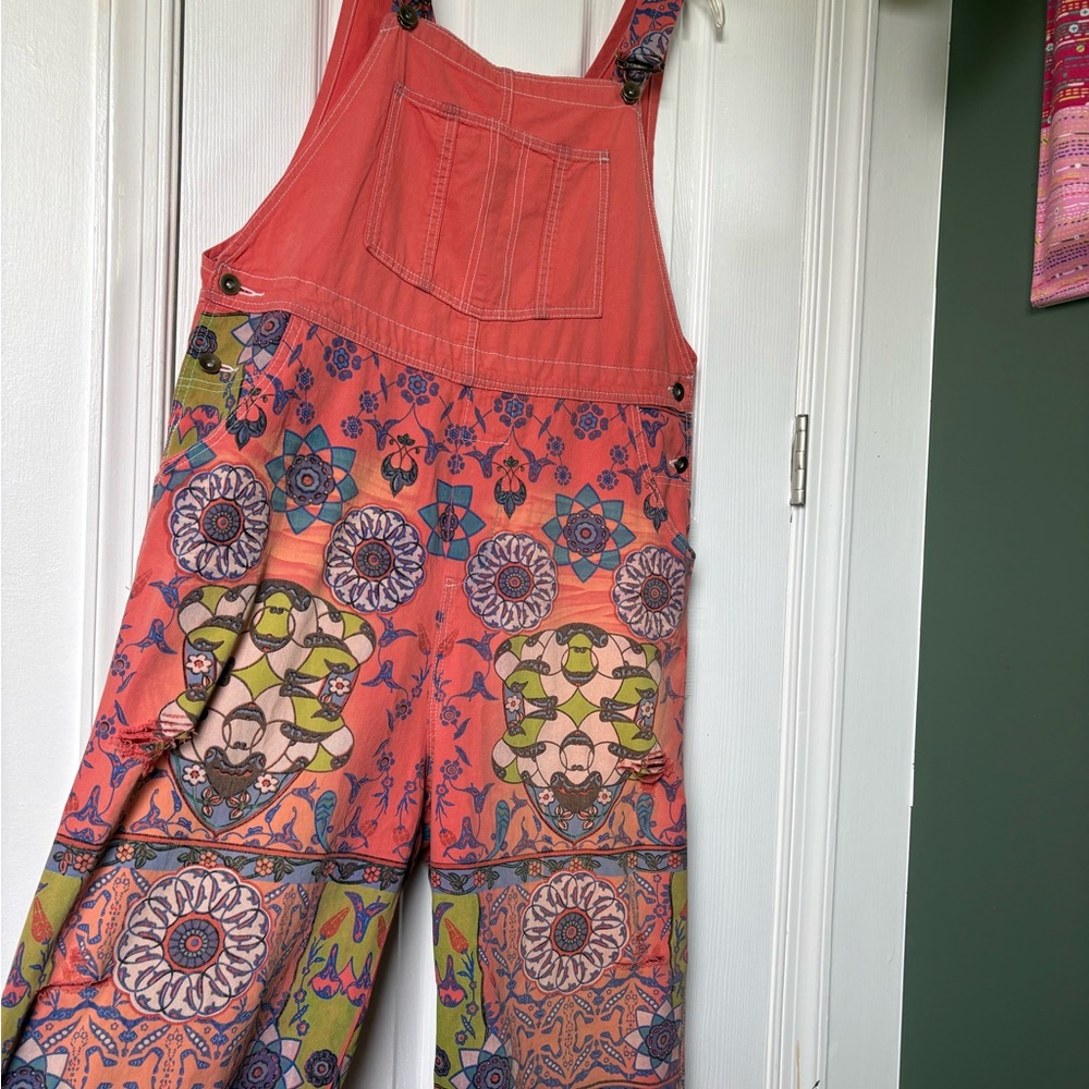 Coral Floral Patterned Overalls